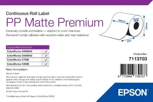 Epson PP Matte Label Premium Continuous Roll 105mm x 55m Self-Adhesive White Synthetic Printer Label