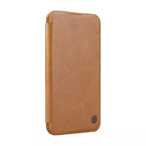 Protective folio case Nillkin Qin Prop Leather for iPhone 16, brown, with integrated kickstand
