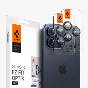 Защитное стекло для камеры Spigen Optik Pro EZ Fit для iPhone 15 Pro Max, закалённое, синий-прозрачный, 2 шт.