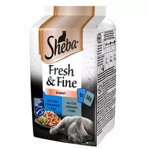 Mitrā kaķu barība Sheba Mini Fish Dishes in Sauce Fresh & Fine 6 x 50 g – mitrā barība, 6x50 g maisiņi, 84% mitrums, 7,9% olbaltumvielu