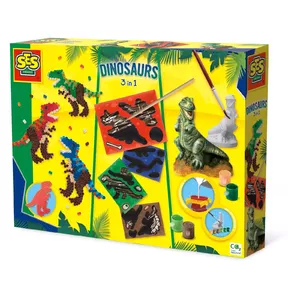 Bērnu liešanas un krāsošanas komplekts SES Dinosaurs 3 in 1 — kartona komplekts, no 5 gadiem, 4 skrāpējamās kartītes, skrāpējamais rīks, T‑Rex pamatne, 1200 noderīšu krelles