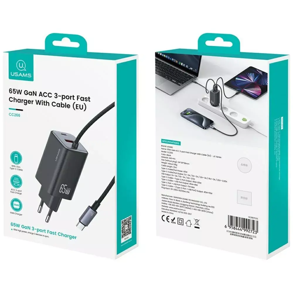 GaN lādētājs usams CC266 65W 2×USB‑C 1×USB‑A Photo 6