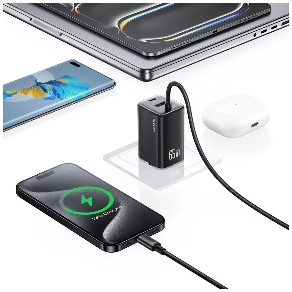 GaN lādētājs usams CC266 65W 2×USB‑C 1×USB‑A Photo 9