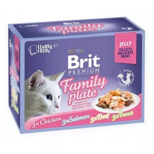 Влажный корм для кошек Brit Premium Family Plate Fillets в желе — Смесь вкусов, 12 x 85 г пакет
