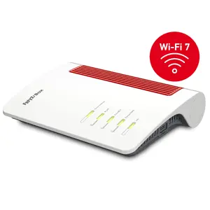 Tabletop wireless router AVM Box 4690 Dual-band (2.4 / 5 GHz), Wi‑Fi 7, 4x4 antennas, 4x RJ-45 LAN, USB, red/white
