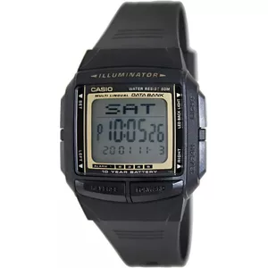 Rokas pulkstenis CASIO DB-36-9AVDF — elektronisks, sveķu korpuss un siksna, melns/zelts, CR2025, 10 gadu akumulators