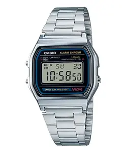 Rokas pulkstenis CASIO A158WA-1DF — digitālais, sveķu korpuss, nerūsējošā tērauda siksna, 33.2×36.8×8.2 mm, baterija CR2016