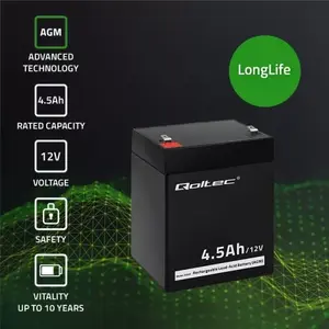 Sealed AGM battery QOLTEC 12V 4.5Ah, 12 Volts, 4.5 Ah, T1 (4.75 mm) terminals