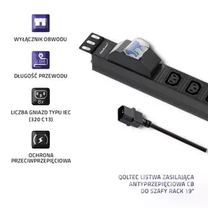 Barošanas sadalītājs PDU QOLTEC EB2062730067 1U rūpnieciskai skapim 10A ar 8× IEC C13