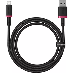 USB Type‑A uz Lightning kabelis Baseus Dura — 1 m, neilona pārvalks, alumīnija savienotāji, 2,4 A, 480 Mb/s, melns/sarkans