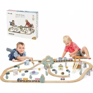 Koka vilciena komplekts viga toys — 90 detaļu dzelzceļa komplekts bērniem