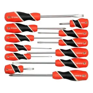 Set of 12 manual straight screwdrivers YATO YT-25967 — steel blades, polypropylene/TPR ergonomic handles, magnetic tips, square bits included