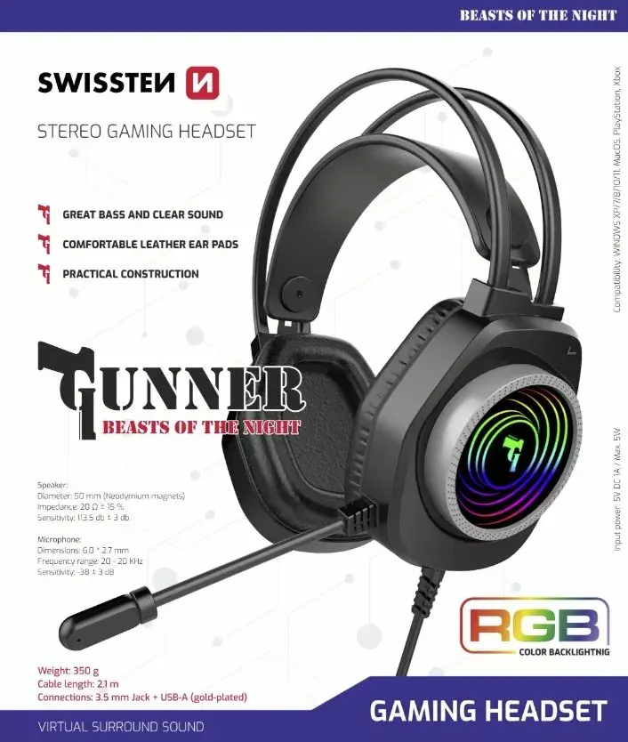 Проводная игровая гарнитура SWISSTEN Gunner RGB 59107200 Photo 2