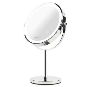 Freestanding Makeup Mirror Girmi BE02 — Round stainless steel, LED touch control, 1x/3x magnification, USB-C rechargeable (1000 mAh)