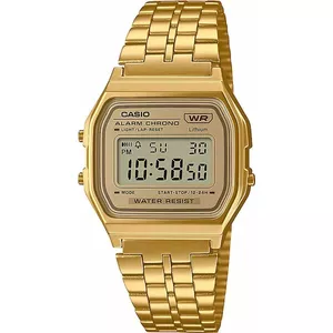 Rokas pulkstenis CASIO A158WETG-9AEF — digitāls vintage stils, nerūsējošā tērauda siksniņa, modinātājs, hronometrs, apgaismojums