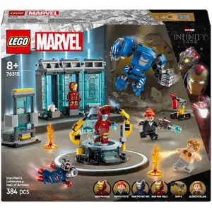LEGO playset Marvel Iron Man's Laboratory Hall of Armor 76315 — 384 pieces, 5 minifigures, display area