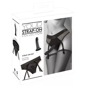 Strap-on biksītes ar silikona dildo You2Toys — melnas, regulējamas mikrošķiedras mežģīnes, piesūcekņa Ø 3,9 cm, garums 17,5 cm