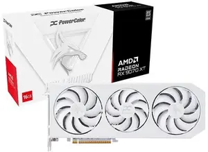 Grafiskā karte power color Radeon RX 9070 XT — 16 GB GDDR6, 256‑bit, PCIe 5.0, 3x DP 2.1a + HDMI 2.1b, 340 mm, balta, OC