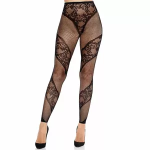 Бесшовные чулки‑колготки leg avenue D-243085 — чёрные кружевные, без стопы