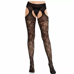 Zeķes Leg Avenue D-243069 ar ziedu mežģīnēm un garteriem — melnas, virs ceļgala