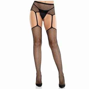 Кружевные чулки Leg Avenue D-243070 — черные с крестовым узором и пришитым поясом-подвязкой