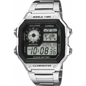 Digitālais pulkstenis CASIO AE-1200WHD-1AVEF ar modinātāju, apgaismojumu, pasaules laiku, tērauda siksniņu