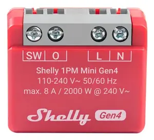 Smart switch Shelly 1PM Mini Gen4, wireless 110–240V AC, max 8A / 2000W, plastic housing 34×16×29 mm