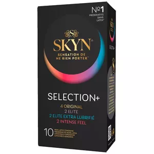 Condoms SKYN Selection+ 10 pcs — non-latex polyisoprene mix (4 Original, 2 Elite, 2 Elite Extra Lubricated, 2 Intense Feel), lubricated, 53 mm