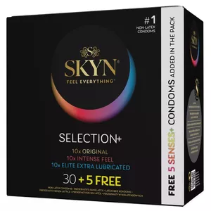 Condoms SKYN Selection+ pack 35 pcs — latex-free polyisoprene, assorted types, nominal width 53 mm