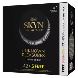 Condoms SKYN Unknown Pleasures mix 47 pcs — polyisoprene (sensoprene), vegan, nominal width 53 mm