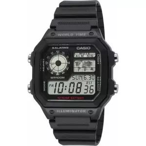 Digitālais pulkstenis CASIO AE-1200WH-1AVEF — pasaules laiks, LED apgaismojums, hronometrs, modinātājs, ūdensizturība