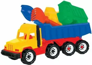 Toy dump truck set Polesie 4215 — dump truck with shovel, rake and molds in mesh pack