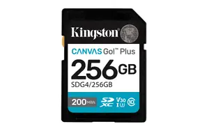 SDXC atmiņas karte Kingston 256GB UHS-I Canvas Go Plus — 256 GB, U3/V30, lasīšana 200 MB/s, rakstīšana 160 MB/s, Class 10, melna