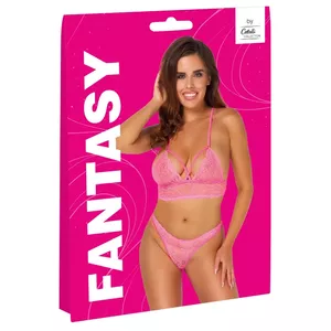 Комплект Fantasy by Cottelli L/XL — бесшовный халтер-бра и стринги, неоново-розовое кружево, 90% полиамид, 10% спандекс