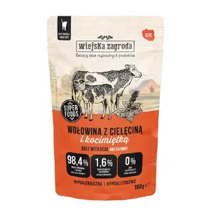 Mitrā kaķu barība wiejskazagroda Liellopa ar teļa gaļu un kaķpēteri pieaugušiem 100 g, mitrums 75%, olbaltumvielas 10.8%