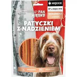 Dog treats pan miĘsko Beef and Salmon Filling Adult 100 g — hypoallergenic complementary snack, protein 28%, fat 20%