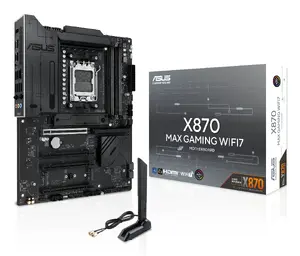 Pamatplate ASUS X870 MAX GAMING WIFI7 ATX — AMD X870, Socket AM5, DDR5, 4 DIMM, 256 GB, Wi‑Fi 7, Bluetooth 5.4, 3 M.2, 2x USB4