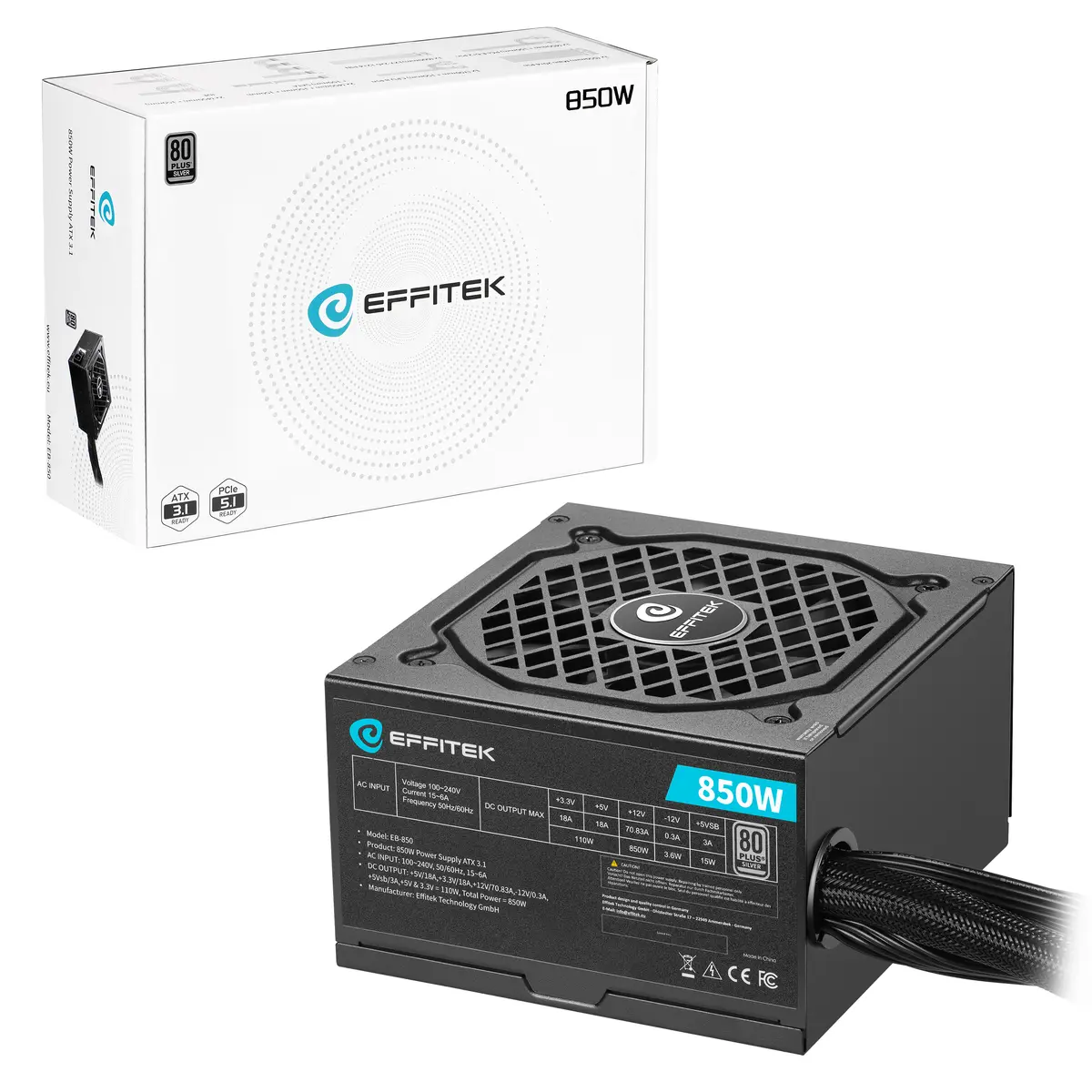 Barošanas bloks EFFITEK EB-850 850W Silver