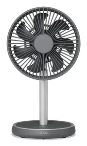 Duux Rize pelēks mājsaimniecības lāpstiņu ventilators ar akumulatora un USB barošanu, grīdas un galda novietojumu, 10 W jaudu, 4 ātrumiem, augstuma regulēšanu un automātisko svārstību