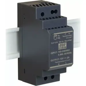 Barošanas bloks uz DIN sliedes mean well HDR 12V 30W — 12 V DC, 30 W, montāža uz DIN sliedes