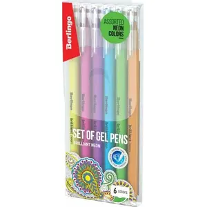Gel Pens Berlingo BRLG0086 neon set of 6, 0.8 mm tip, assorted neon ink colors
