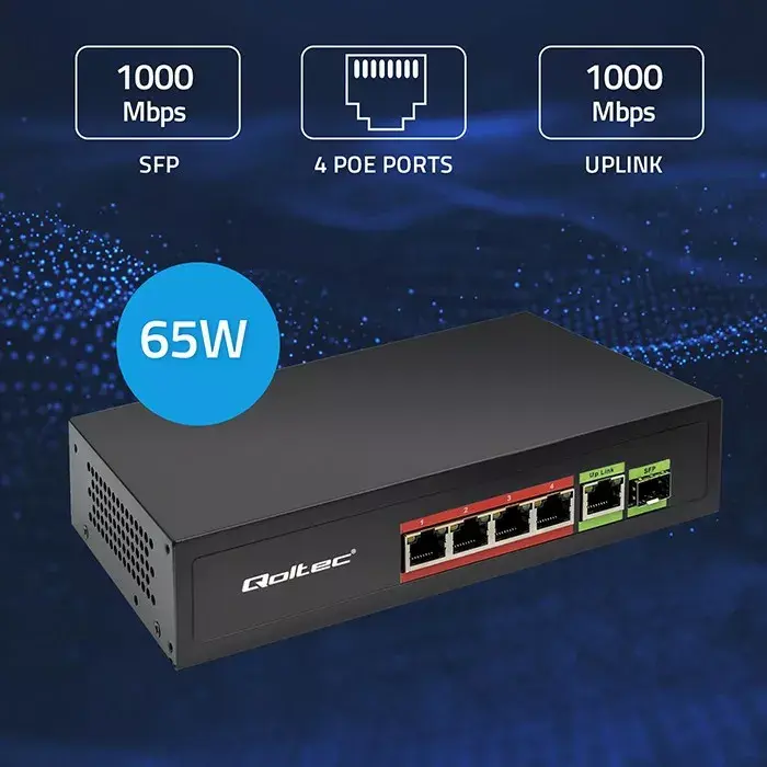 QOLTEC 52296 Ethernet PoE Switch 4x PoE + 1x Uplink Photo 3