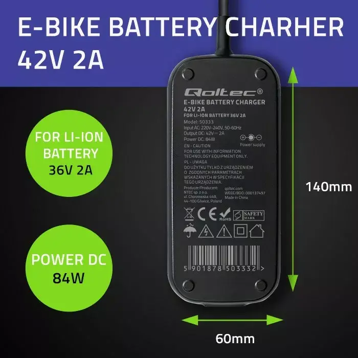 Charger QOLTEC 50333 for e-bike 36V/42V 2A Photo 2