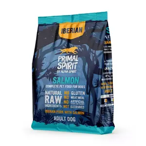 Sausais suņu barības PRIMAL SPIRIT Iberian Salmon 70% — Pieaugušiem, 1 kg, Olbaltumvielas 28.2%, Tauki 16.8%