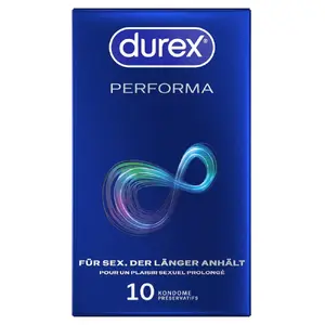 Condoms Durex Performa x10 — delay lubricant, 10 pcs, benzocaine 5%, nominal width 56 mm, latex