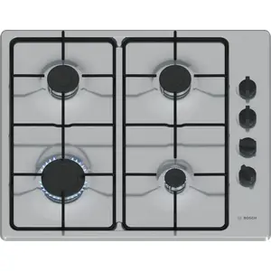 Газовая варочная панель Bosch Serie 2 PBP6B5K80, встроенная 4 зоны, нержавеющая сталь, поворотные ручки, 58×51 см