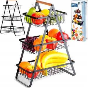 Fruit and Vegetable Basket Vilde 3-Tier Metal Black 34×17.5×46.5 cm