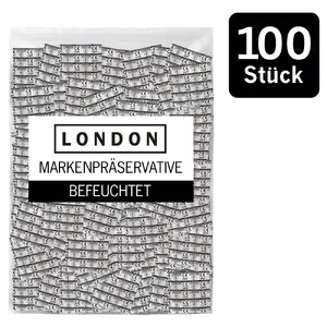 Condoms London Q600 pack — 100 transparent latex condoms, regular size, 0.07 mm thickness, 52 mm nominal width, silicone-lubricated, teat-ended