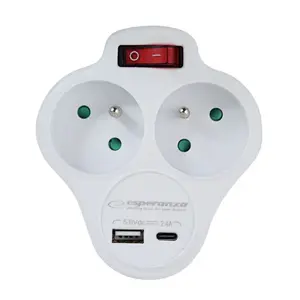 Power adapter ESPERANZA ELK311W — electrical splitter with 2 grounded AC outlets, 1 USB-C and 1 USB-A, Type E, 16A, 220–240V, white