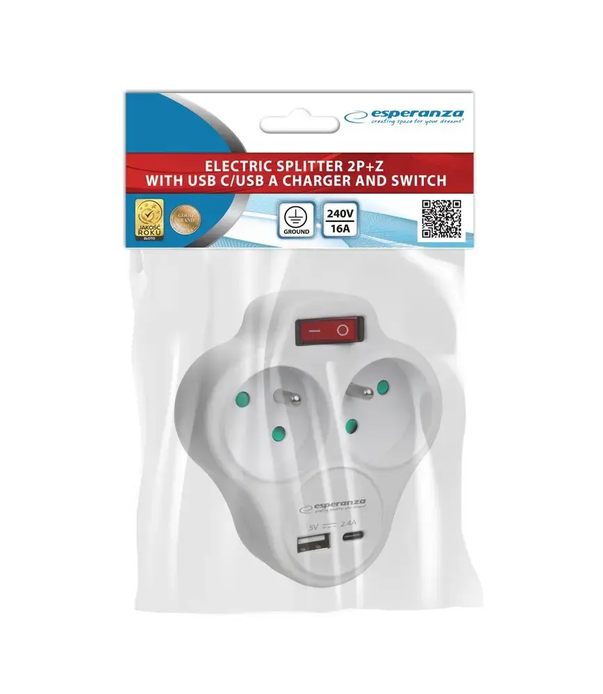 Сетевой адаптер ESPERANZA ELK311W — 2 AC, USB‑C и USB‑A Photo 3